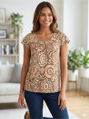 Liz & Co top neutral brown paisley pattern with gathered bust and cap sleeves